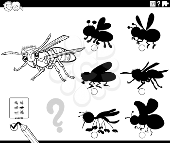 Black and white cartoon illustration of finding the right shadow to the picture educational game for children with yellowjacket or wasp insect character coloring book page
