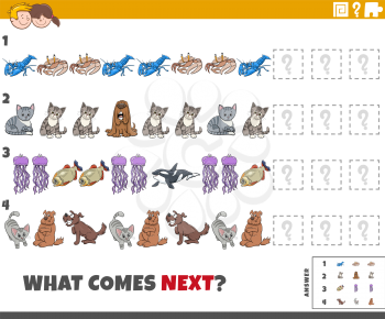 Cartoon illustration of completing the pattern educational game for children with comic animals characters