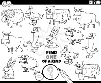 Black and white cartoon illustration of find one of a kind picture educational game with funny farm animal characters coloring book page