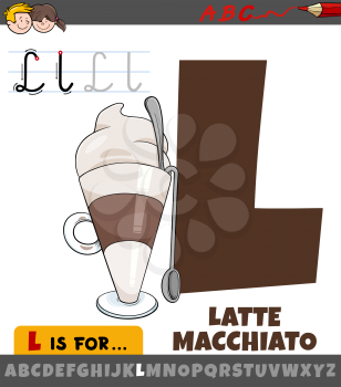 Educational cartoon illustration of letter L from alphabet with latte macchiato drink