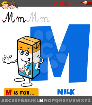 Educational cartoon illustration of letter M from alphabet with milk in the box comic character