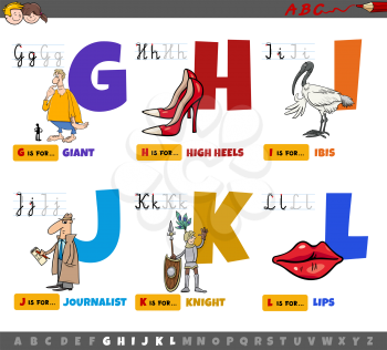 Cartoon illustration of capital letters from alphabet educational set for reading and writing practise for children from G to L