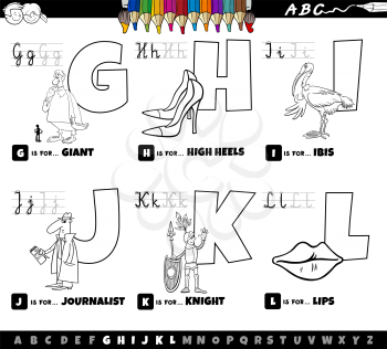 Black and white cartoon illustration of capital letters from alphabet educational set for reading and writing practise for children from G to L coloring book page
