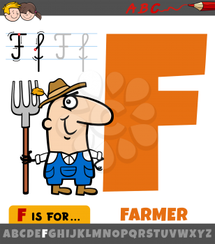 Educational cartoon illustration of letter F from alphabet with farmer character
