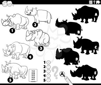 Black and white cartoon illustration of finding the right shadows to the pictures educational game for children with rhinoceros animal characters coloring book page