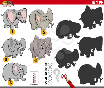 Cartoon illustration of finding the right shadows to the pictures educational game for children with elephants animal characters