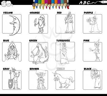 Black and white cartoon illustration of basic colors with comic fantasy characters educational set coloring book page