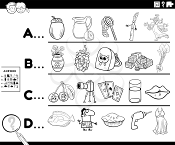 Black and white cartoon illustration of finding pictures starting with referred letter educational task worksheet for preschool or elementary school children with comic characters coloring book page