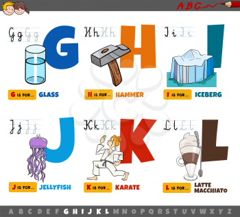 Cartoon illustration of capital letters from alphabet educational set for reading and writing practise for kids from G to L