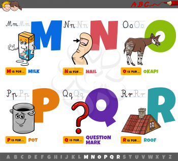 Cartoon illustration of capital letters from alphabet educational set for reading and writing practise for kids from M to R