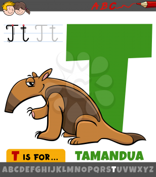 Educational cartoon illustration of letter T from alphabet with tamandua animal character for children 
