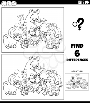 Black and white cartoon illustration of finding the differences between pictures educational game with comic dogs animal characters group coloring book page