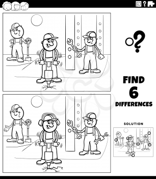 Black and white cartoon illustration of finding the differences between pictures educational game for children with funny workers or builders characters on construction site coloring book page