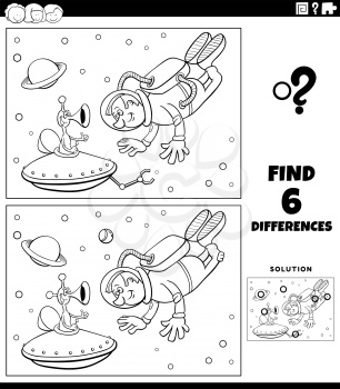 Black and white cartoon illustration of finding the differences between pictures educational game for children with astronaut in space with alien character coloring book page