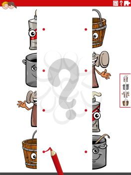Cartoon illustration of educational game of matching halves of pictures with funny objects characters