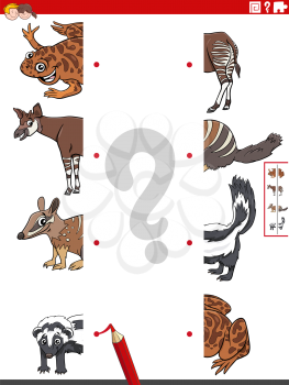 Cartoon illustration of educational game of matching halves of pictures with funny wild animals characters