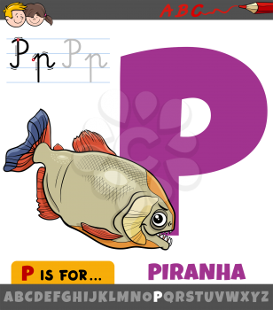 Educational cartoon illustration of letter P from alphabet with piranha fish animal character