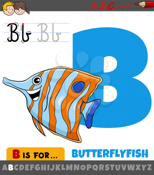 Educational cartoon illustration of letter B from alphabet with butterflyfish fish animal character