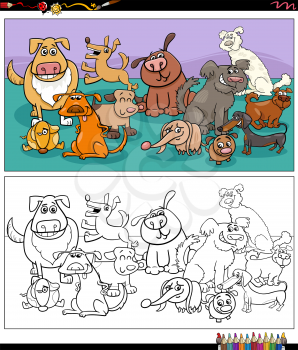 Cartoon illustration of funny dogs animal characters group coloring book page