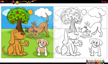 Cartoon illustration of dogs and puppies animal characters group coloring book page