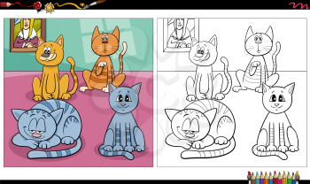Cartoon illustration of cats and kittens animal characters group coloring book page