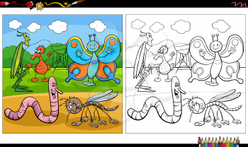 Cartoon illustration of insects and bugs animal characters group coloring book page