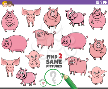 Cartoon illustration of finding two same pictures educational game with funny pigs animal characters