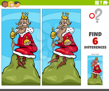 Cartoon illustration of finding the differences between pictures educational game with king of the hill saying or proverb