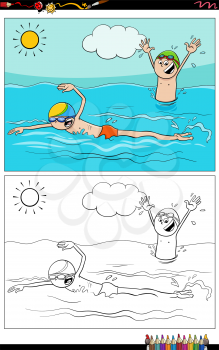 Cartoon illustration of swimming boys characters coloring book page