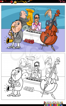 Cartoon illustration of musicians characters band coloring book page