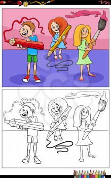 Cartoon illustration of pupils children comic characters with pencils and paintbrush coloring book page