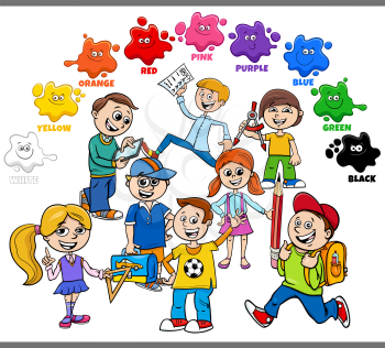 Educational cartoon illustration of basic colors with pupils children group