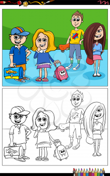 Cartoon illustration of pupils children comic characters with backpacks or knapsacks coloring book page