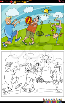 Cartoon illustration of children comic characters playing in the park coloring book page