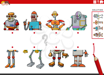 Cartoon illustration of educational game of matching halves of pictures with funny robot characters