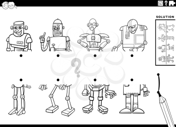 Black and white cartoon illustration of educational game of matching halves of pictures with funny robot characters coloring book page