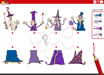 Cartoon illustration of educational game of matching halves of pictures with wizards fantasy characters