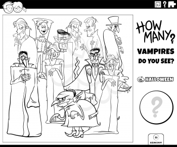 Black and white illustration of educational counting game for children with cartoon vampires Halloween characters group coloring book page