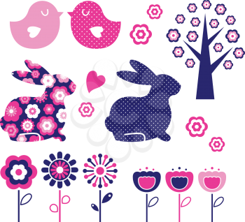 Royalty Free Clipart Image of Rabbits, Birds, Trees and Flowers