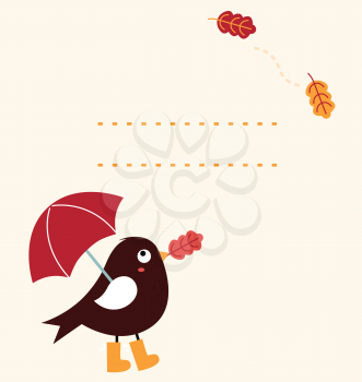 Autumn greeting Card Bird holding umbrella. Vector Illustration