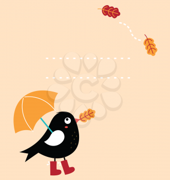Autumn greeting Card with fallen leaves and black Bird with copy space. Vector Illustration
