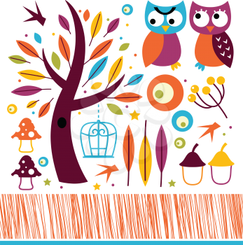 Retro autumn owls and design elements. Vector