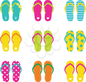 Colorful summer flip flops collection isolated on white. Vector