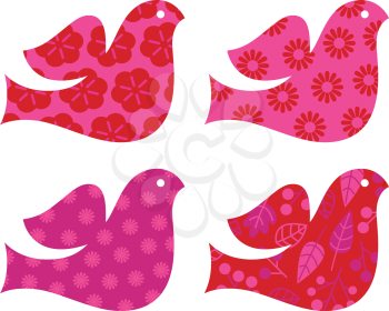 Stylized patterned Doves for Valentines day - pink and red. Vector