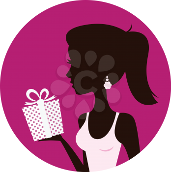 Female with gift silhouette. Retro vector Illustration