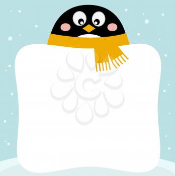 Winter penguin with blank banner. Vector illustration