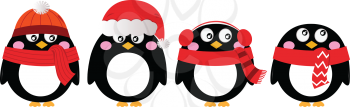 Cartoon penguin christmas set. Vector Illustration