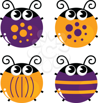Cute little funny bugs set - orange and purple. Vector
