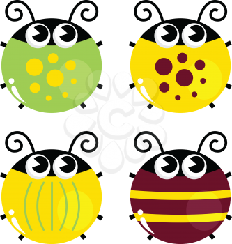 Cute little funny bugs set - yellow, green and brown. Vector