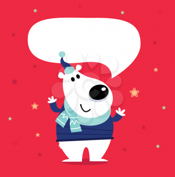Funny polar bear on red snowing background. Vector cartoon Illustration